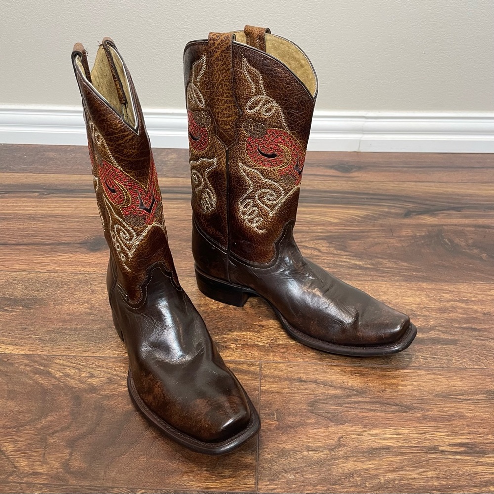Forastero Leather Dark Brown Western Boots with Red Accents Size 7.5